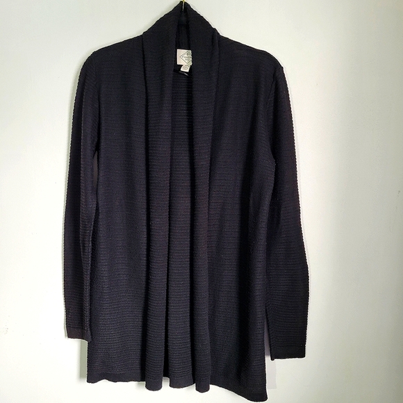 St. John’s Bay Open Cardigan Women’s Sz Med Petite Black Longsleeve Horiz Ribbed - Picture 1 of 8